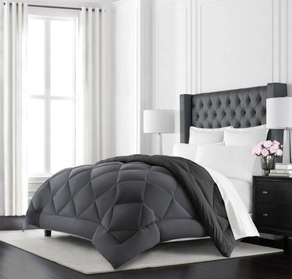 Goose down Alternative Reversible Comforter - All Season - Premium Quality Luxury Hypoallergenic Comforter - Full/Queen - Grey/Black
